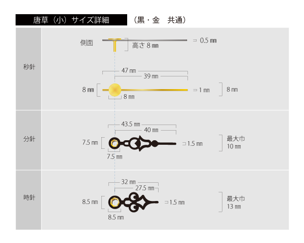 時計針セット　唐草（小）サイズ詳細　黒・金共通